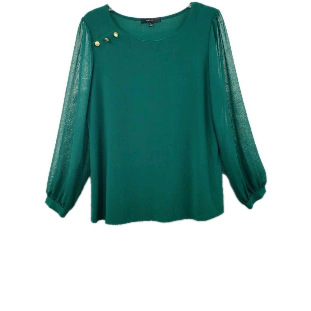 Atelier 29 Slinky Blouse Sz L Emerald Green Long Sheer Sleeve Office Work Career